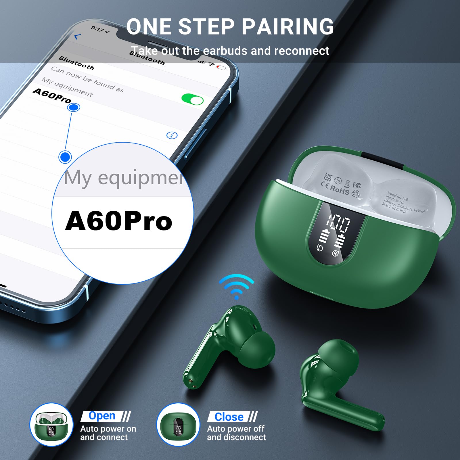 2024 Wireless Earbuds Bluetooth 5.3 with ENC Noise Cancellation, HiFi Stereo Sound, 42H Playtime, LED Power Display - Sport Earphones for Running, Gym & Workout - Compatible with iPhone Android iOS Devices (Green)