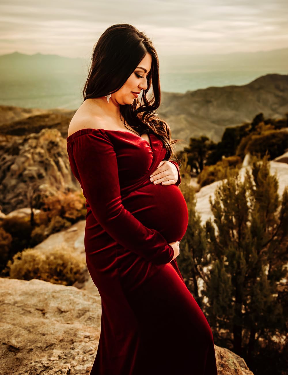 Elegant Velvet Maternity Dress - Off Shoulder Long Sleeve Fitted Gown for Pregnancy Photoshoot, Baby Shower & Special Occasions | Stretchy Maxi Photo Prop Dress for Women
