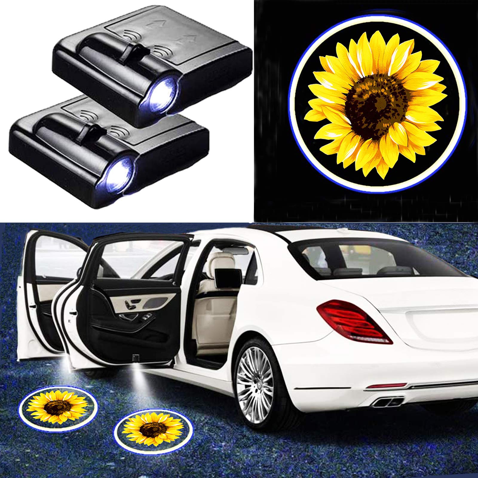 Sunflower Wireless Car Door LED Welcome Light Laser Projector - Easy Install No Wiring for All Vehicle Models | Perfect for Nighttime Safety & Stylish Car Decor