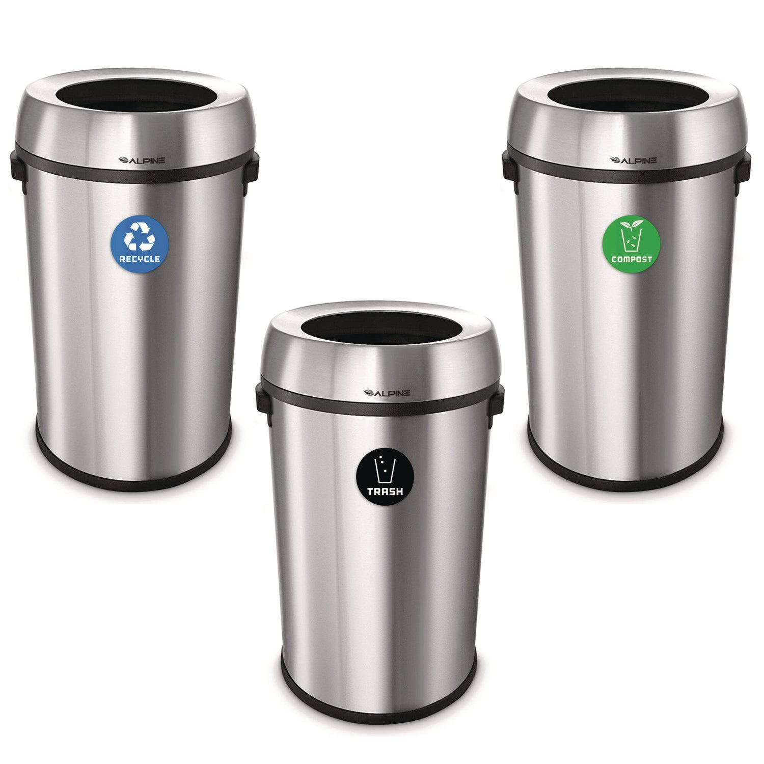 Alpine Industries 17 Gallon Stainless Steel Trash Can - Open Top Recycling Bin & Compost Container for Kitchen, Office, Garage - Eco-Friendly Waste Station