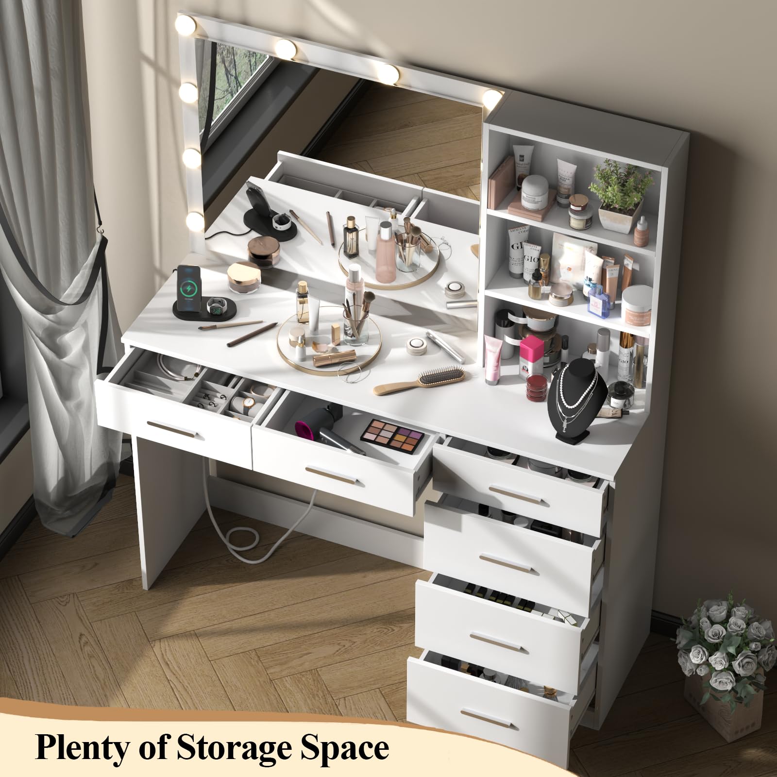 39 Inches White Vanity Desk with LED Lights & 6 Drawers - Makeup Dressing Table with Power Strip, Storage Shelves & Lighted Mirror for Women & Girls - Perfect for Bedroom, Dorm Room & Beauty Salon