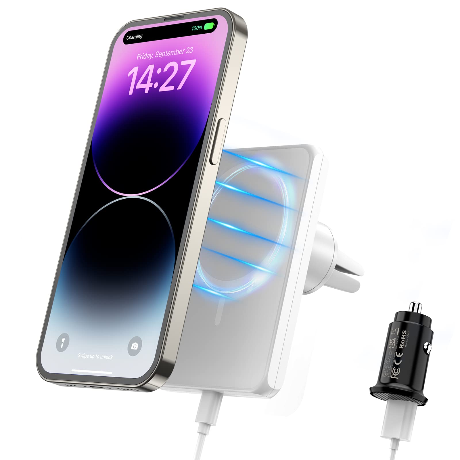 JoyGeek Magnetic Wireless Car Charger - 18W Fast Charging MagSafe-Compatible Car Mount for iPhone 14/13/12 Series - Air Vent Phone Holder with Secure Grip (Snowy White) - Perfect for Commuting, Road Trips & Hands-Free Driving