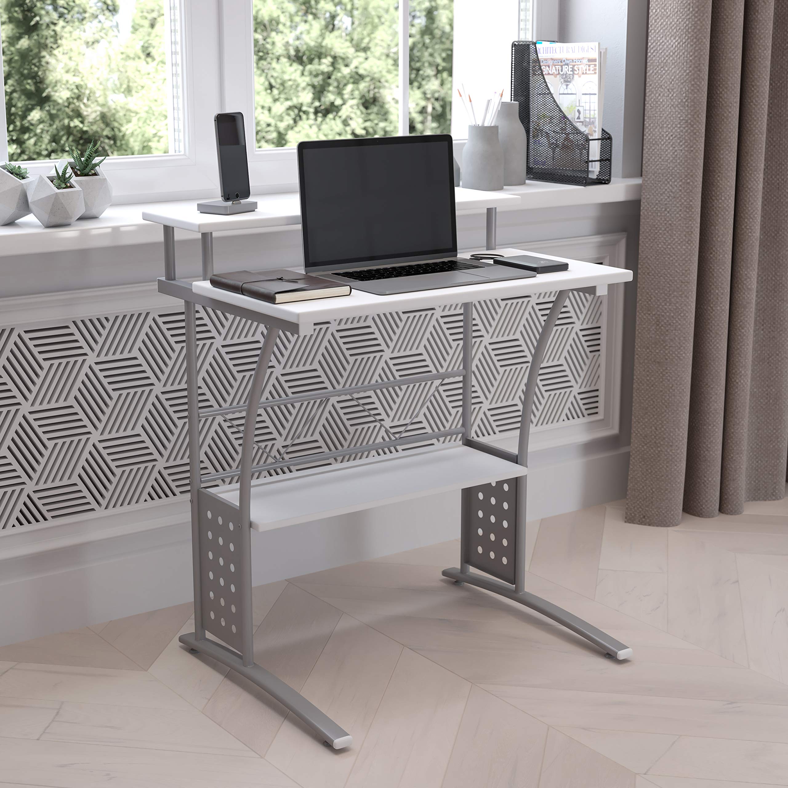 EMMA + OLIVER Clifton White Computer Desk - Modern Home Office Desk with Storage Shelf | Perfect for Remote Work, Gaming & Study Spaces