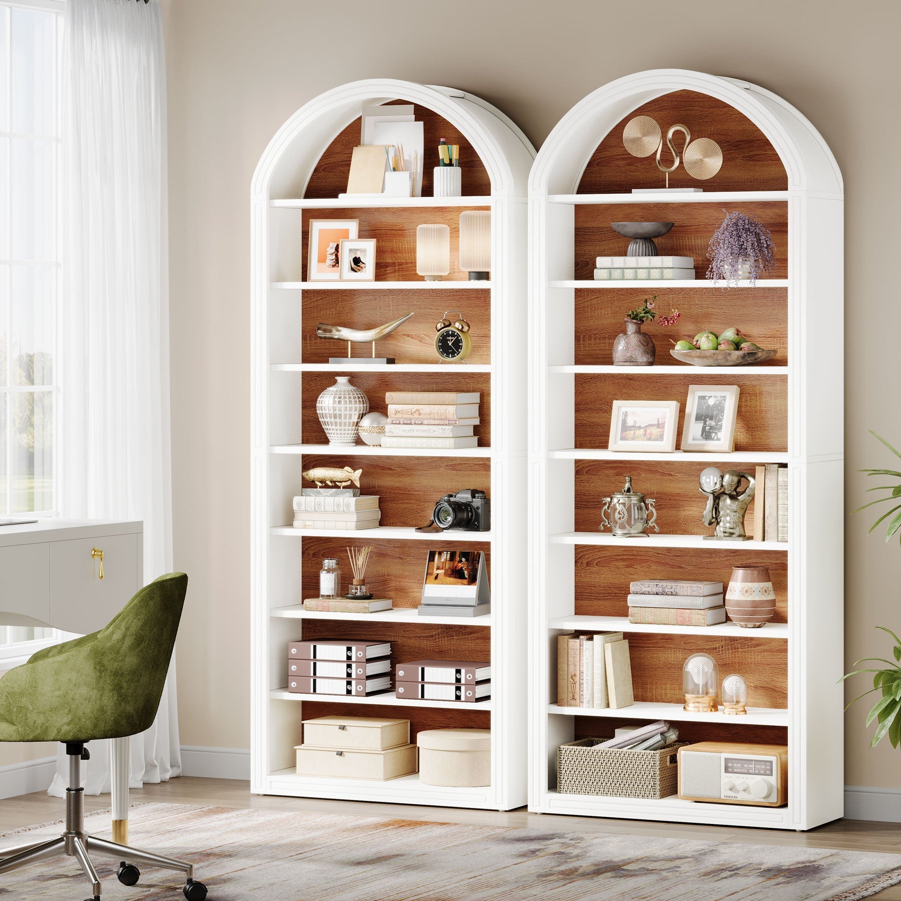 6/8 Tier Tall Wooden Bookshelf - Arched Bookcase Display Shelving Unit for Living Room, Office & Bedroom Storage & Organization