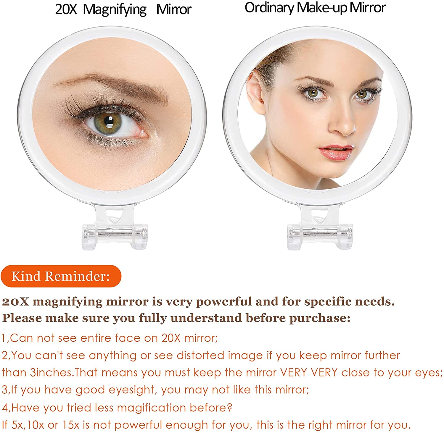 20X Magnifying Hand Mirror - Dual Sided Cosmetic Mirror for Makeup, Tweezing & Skincare (15cm) - Perfect for Precise Makeup Application, Eyebrow Grooming & Blackhead Removal at Home or Travel
