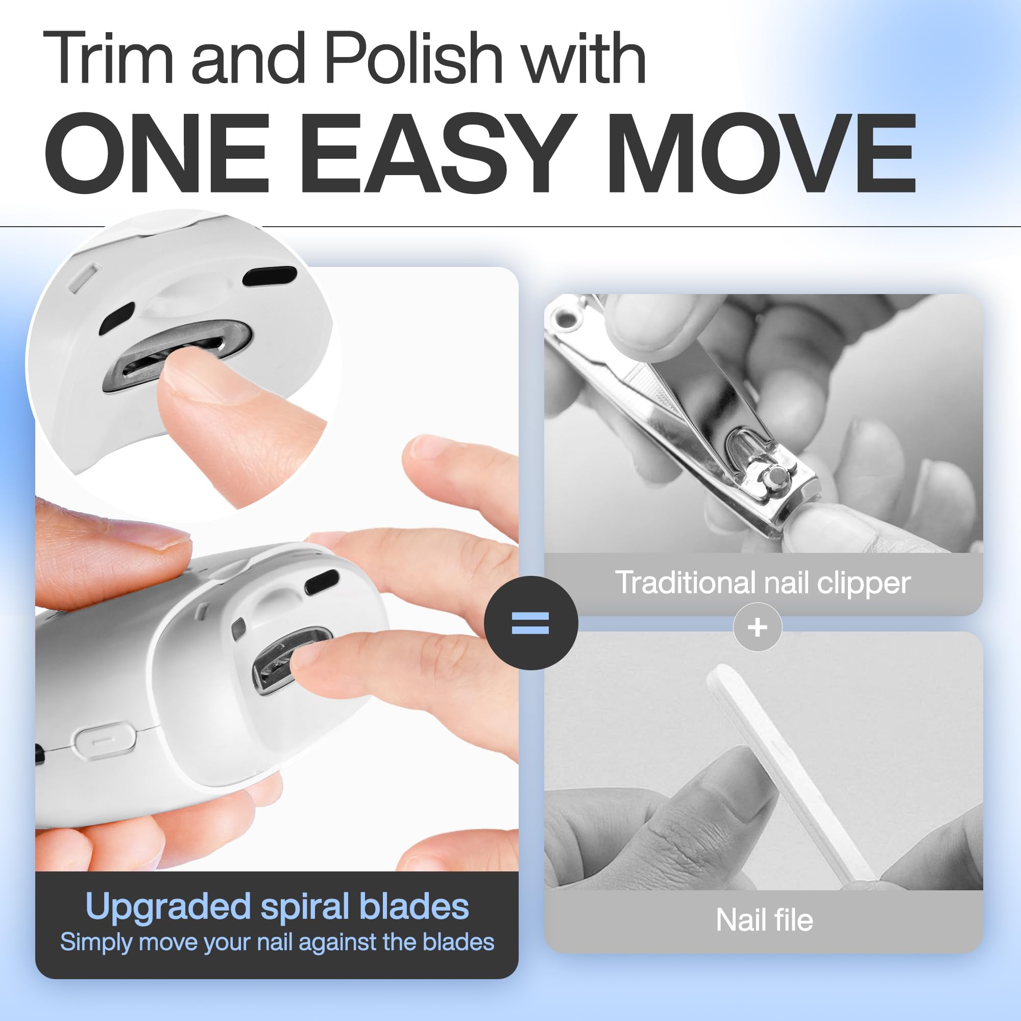 Electric Nail Clipper for Adults & Babies - USB Rechargeable 2-in-1 Nail Trimmer & File with 2 Speed Settings & Nail Scraps Storage | Safe & Easy Nail Care for Home, Travel & Baby Grooming