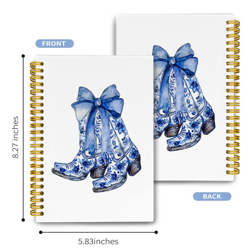 LiTiu Coquette Preppy Spiral Notebook - Aesthetic Western Cowgirl Boots Design, Blue Bow Hardcover Journal for School & College | 80 Sheets 5.8x8.3 Inch | Perfect Gift for Teen Girls, Back to School Supplies, Creative Writing & Note Taking