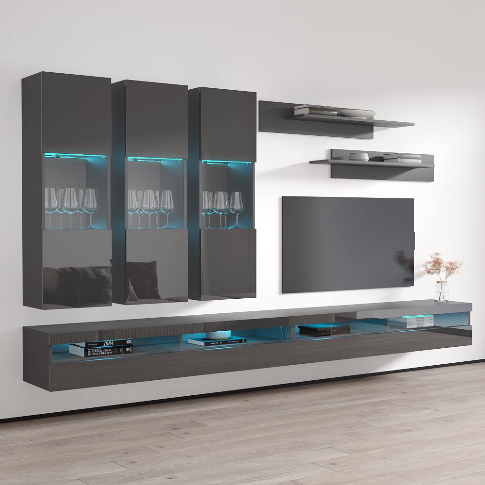 Modern Wall-Mounted TV Stand with Storage Shelves & LED Lights - Fly E 35 Entertainment Center for Living Room & Bedroom - Space-Saving Floating TV Console with Adjustable Shelves (E2, Gray) - Perfect for Small Apartments, Dorms, and Home Theater Setups