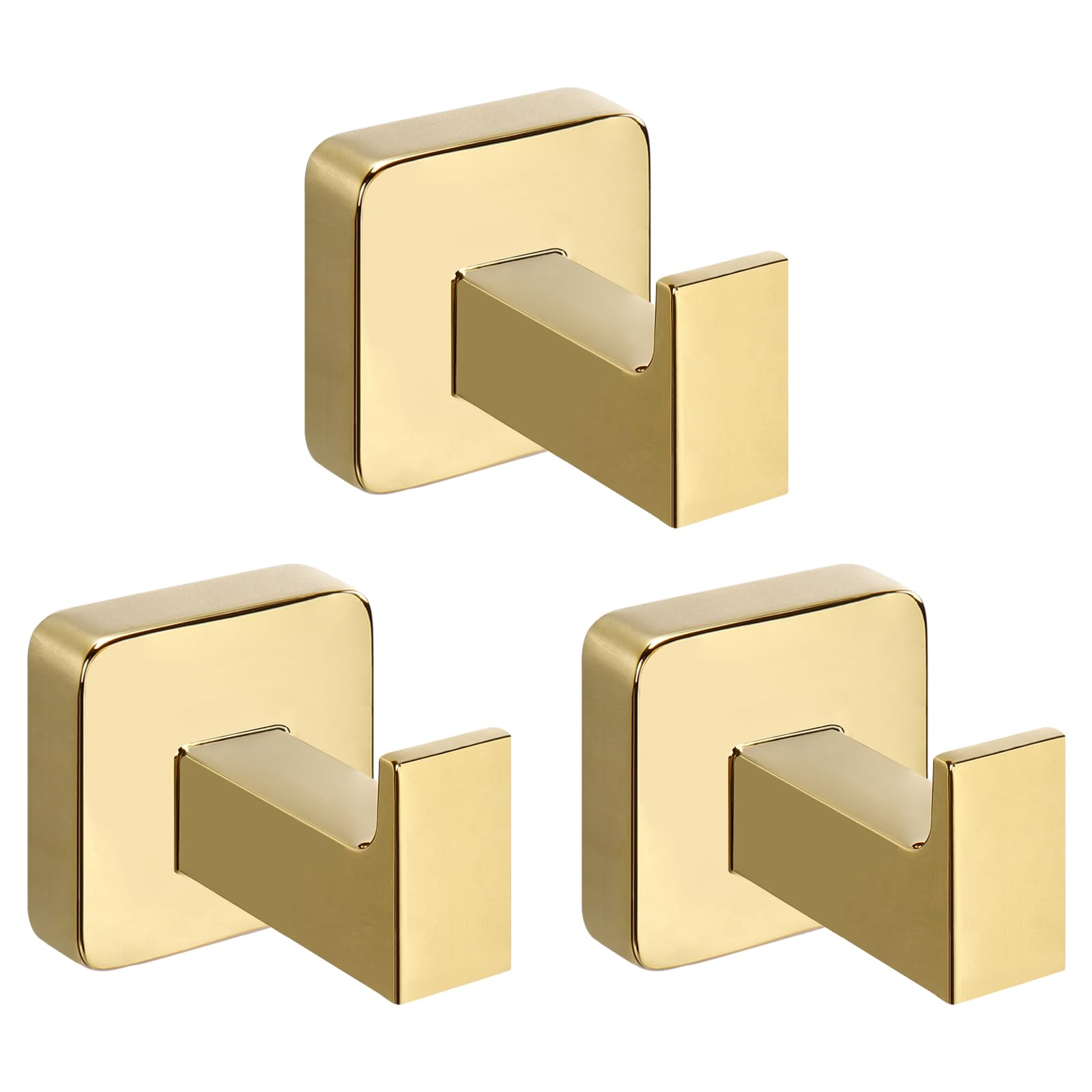 NearMoon Heavy Duty SUS304 Stainless Steel Square Bath Towel Hooks (3 Pack, Chrome Gold) - Wall Mounted Robe & Coat Hangers for Bathroom, Living Room, Hotel, Kitchen & Garage - Perfect for Organizing Towels, Robes and Outerwear in Any Space