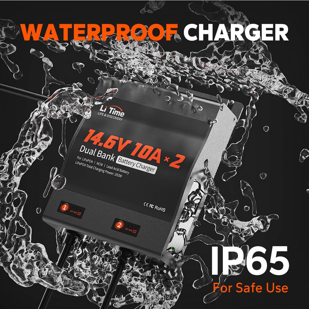 LiTime 2-Bank 10A Dual Smart Battery Charger for LiFePO4 & Lead Acid Batteries - 14.6V AC-DC Charger with Fuse & LED Indicator - Perfect for RV, Boat, Motorcycle, Lawn Mower, Trolling Motor - Fast Charging & Reliable Power Supply for Outdoor Adventures & Marine Applications
