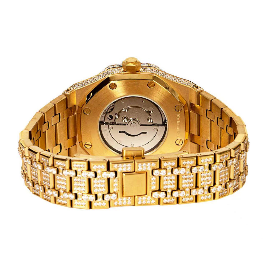 Luxury Yellow Tone Skeleton Dial Stainless Steel Moissanite Watch for Men - Perfect for Formal Events, Business Meetings & Special Occasions
