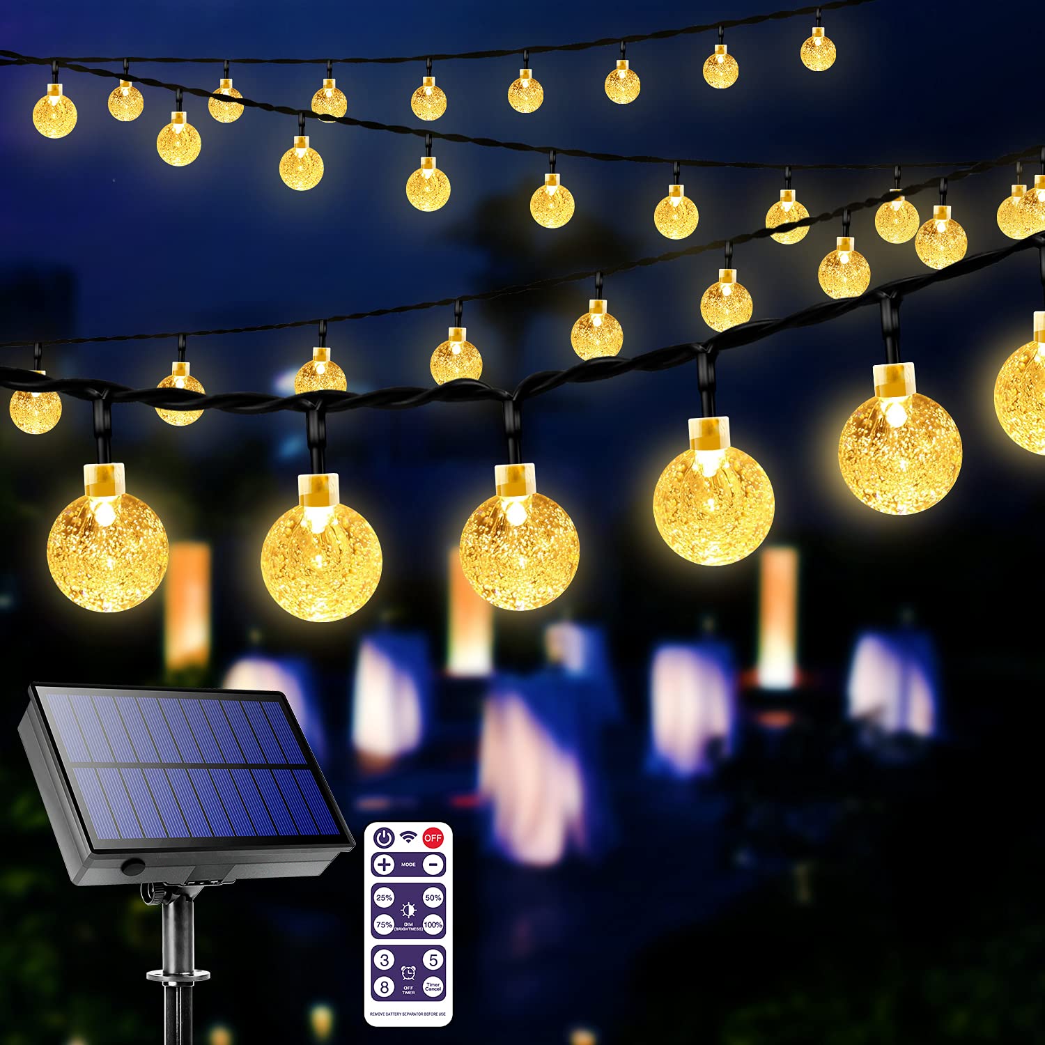 Solar Powered Outdoor String Lights - 36ft 60LED Crystal Globe Waterproof LED Lights with Remote Control, 8 Lighting Modes for Garden, Patio, Backyard, Wedding & Holiday Decoration (Warm White) | Weatherproof Solar Lights for Year-Round Outdoor Use