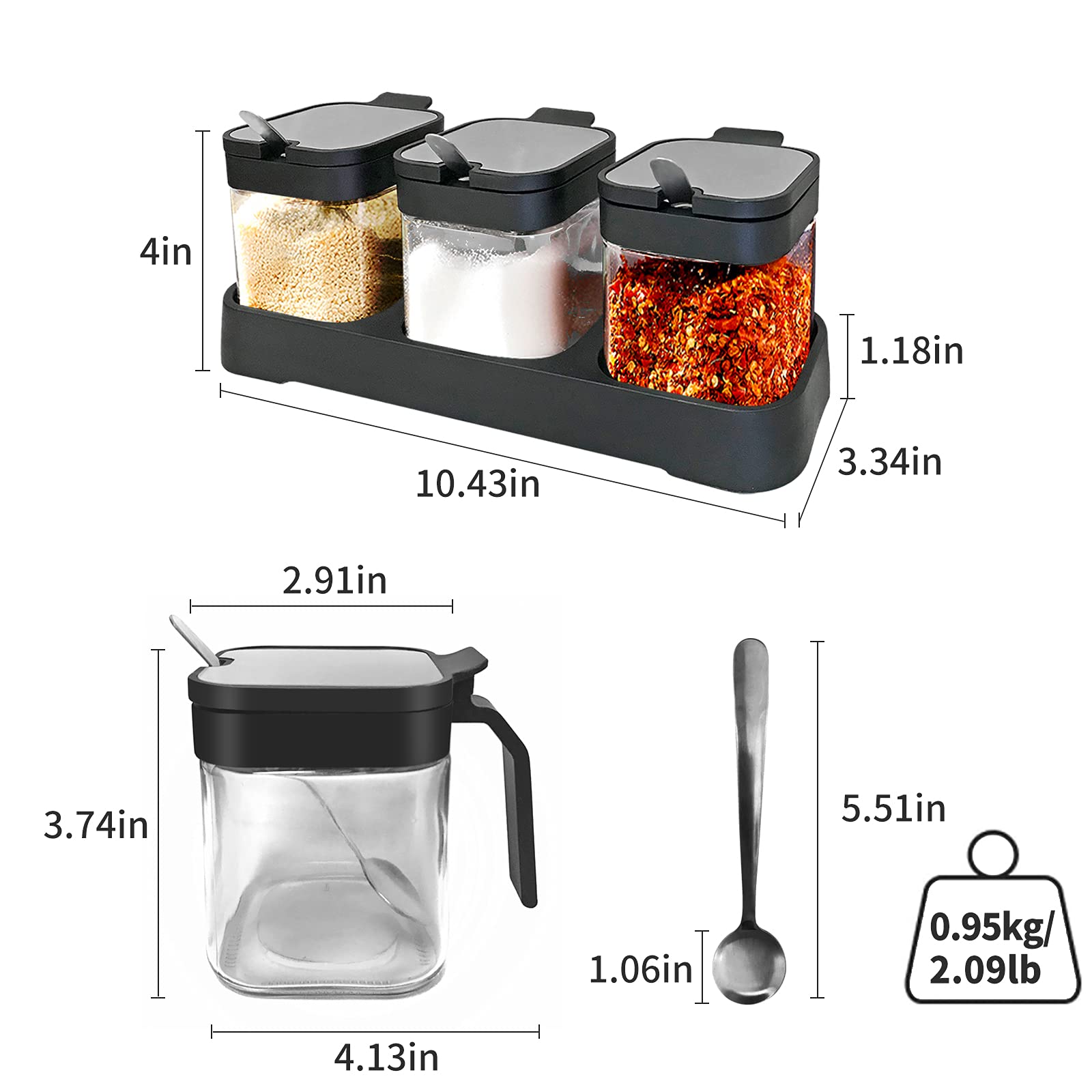 Premium Glass Spice Jars Set of 3 with 304 Stainless Steel Lids & Spoons - Clear Airtight Condiment Canisters for Salt, Sugar & Seasonings - Perfect Kitchen Storage Containers for Pantry, Baking & Cooking Organization