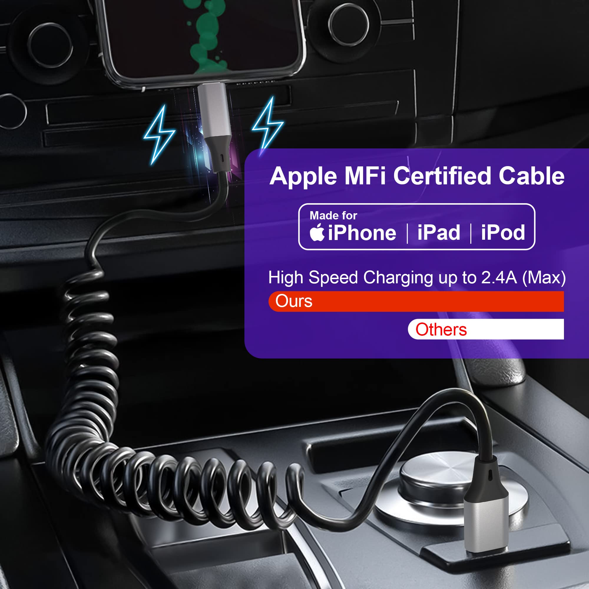 Apple MFi Certified Coiled Lightning Cable - Retractable iPhone Charger with Fast Charging & Data Sync, Short iPhone Charging Cord Compatible with iPhone/iPad/iPod (Perfect for Carplay, Home & Office Use)