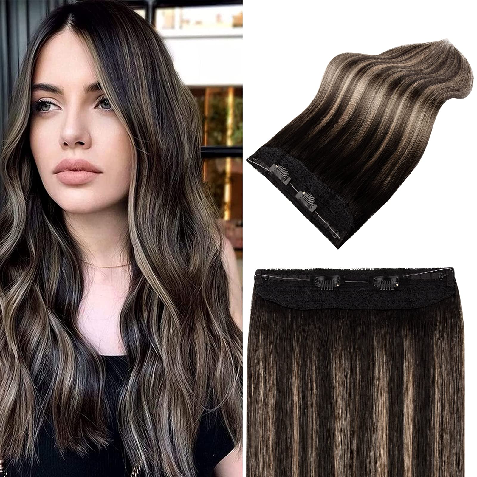 18 Inch Wire Hair Extensions 100% Human Hair - Ombre Black to Chestnut Brown Clip-In Extensions (80g) for Volume & Length | Perfect for Weddings, Parties & Daily Styling