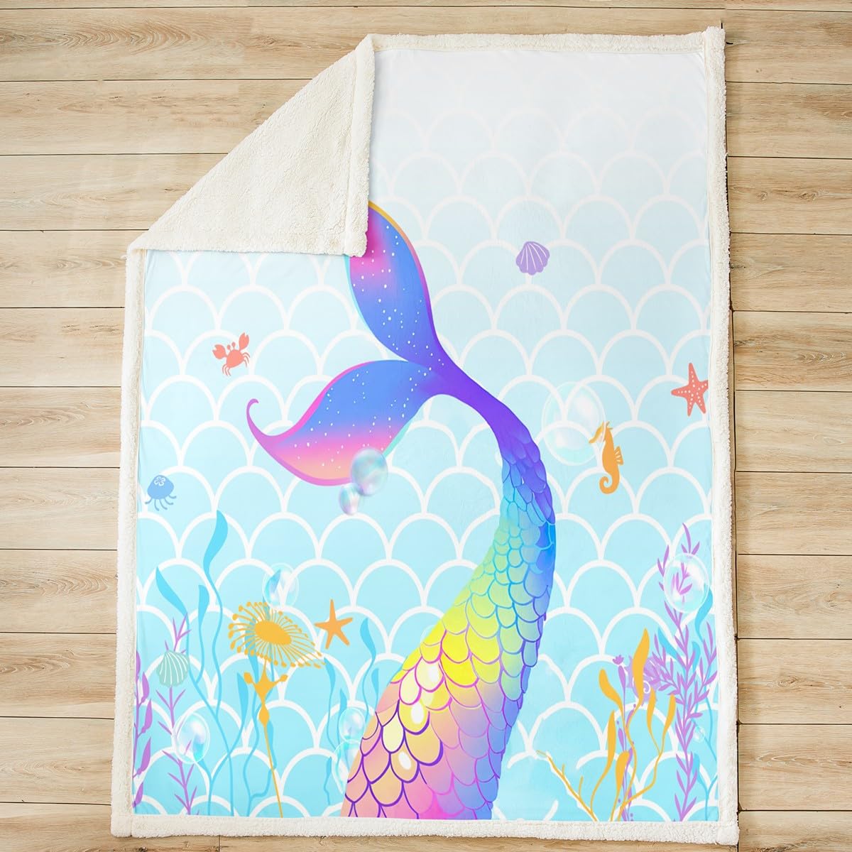 Mermaid Print Sherpa Fleece Blanket - Light Blue Fish Scale Design, Ultra Soft & Cozy Throw Blanket for Bed, Couch, Sofa - Twin Size 60x80 Inches - Perfect for Gift, Home Decor, Winter Warmth & Romantic Ocean Themed Bedroom