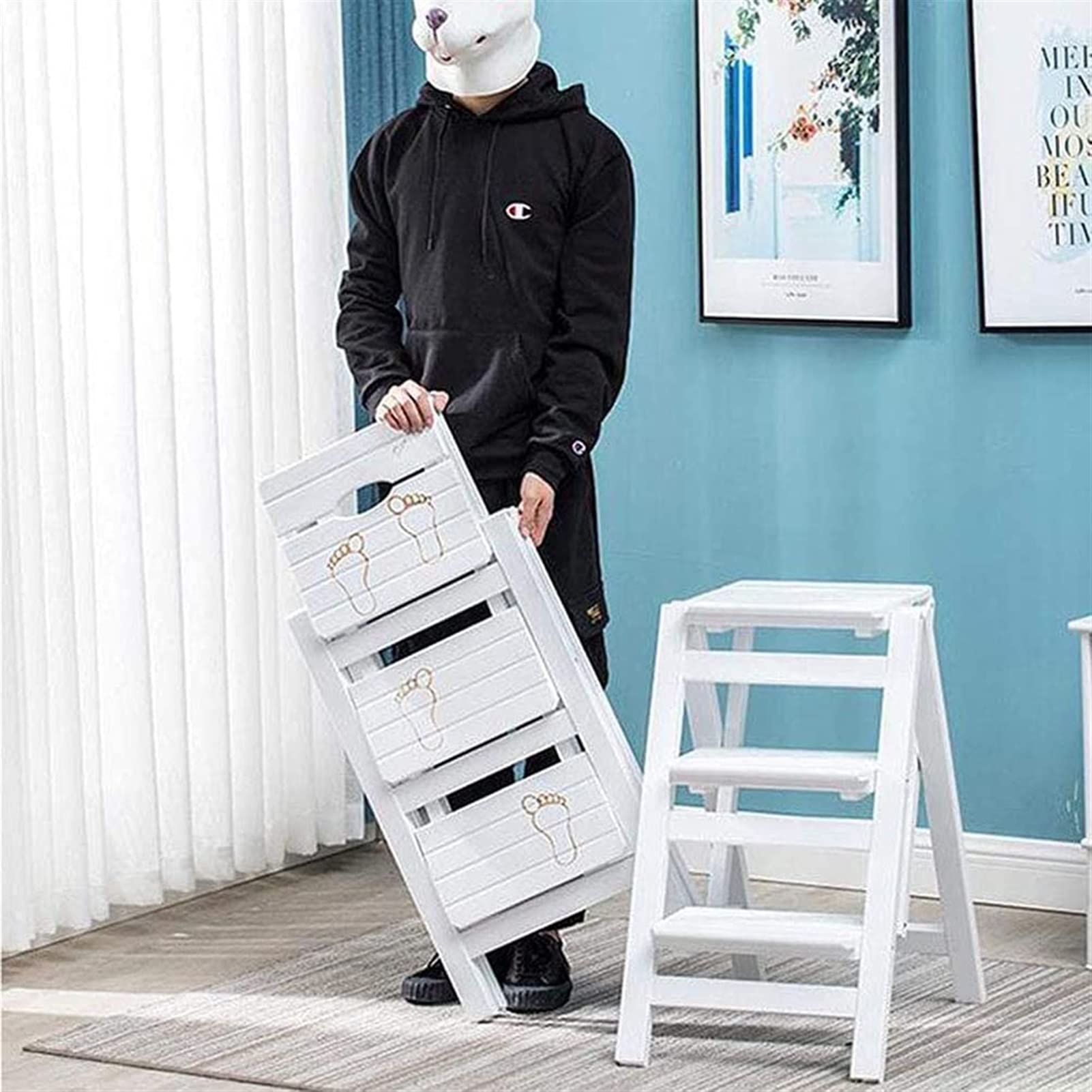 Foldable Wooden Step Stool for Kitchen - Non-Slip Portable Ladder Stool with Anti-Skid Foot Cover - Multifunctional Indoor Climbing Stool for Home, Bathroom, and Garage Use