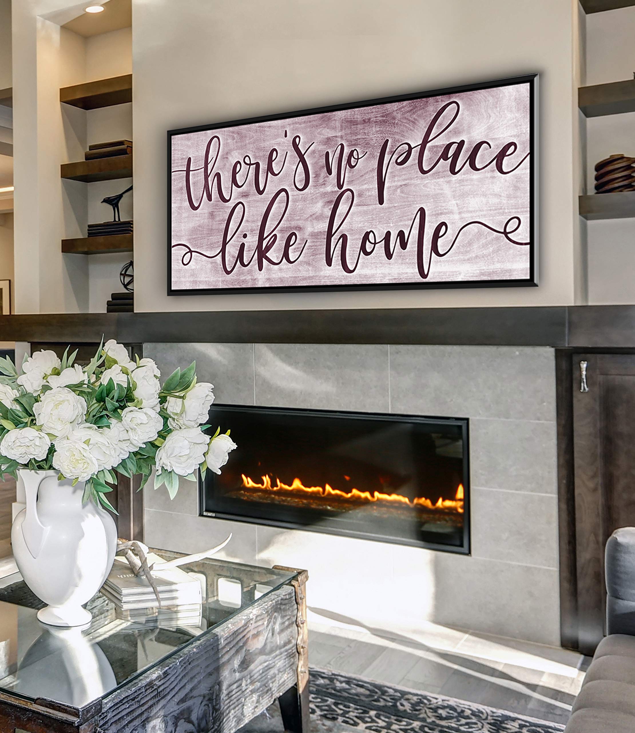 Artistic Home Wall Decor - 'There's No Place Like Home' Rustic Wood Sign with Floating Frame (42x19 Inch) - Perfect for Living Room, Housewarming Gifts & Farmhouse Style Decor - Wine Red & Black Frame for Cozy Home Aesthetic