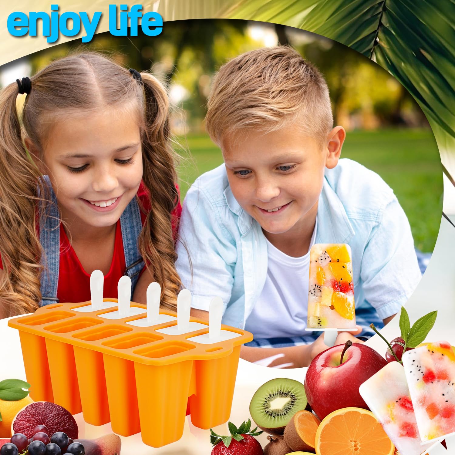 BPA-Free Silicone Popsicle Molds - 10 Cavity Reusable Ice Pop Molds with Sticks for Homemade Frozen Treats | Food Grade Safe | Perfect for Summer Snacks, Kids Parties & Healthy Desserts (Orange)