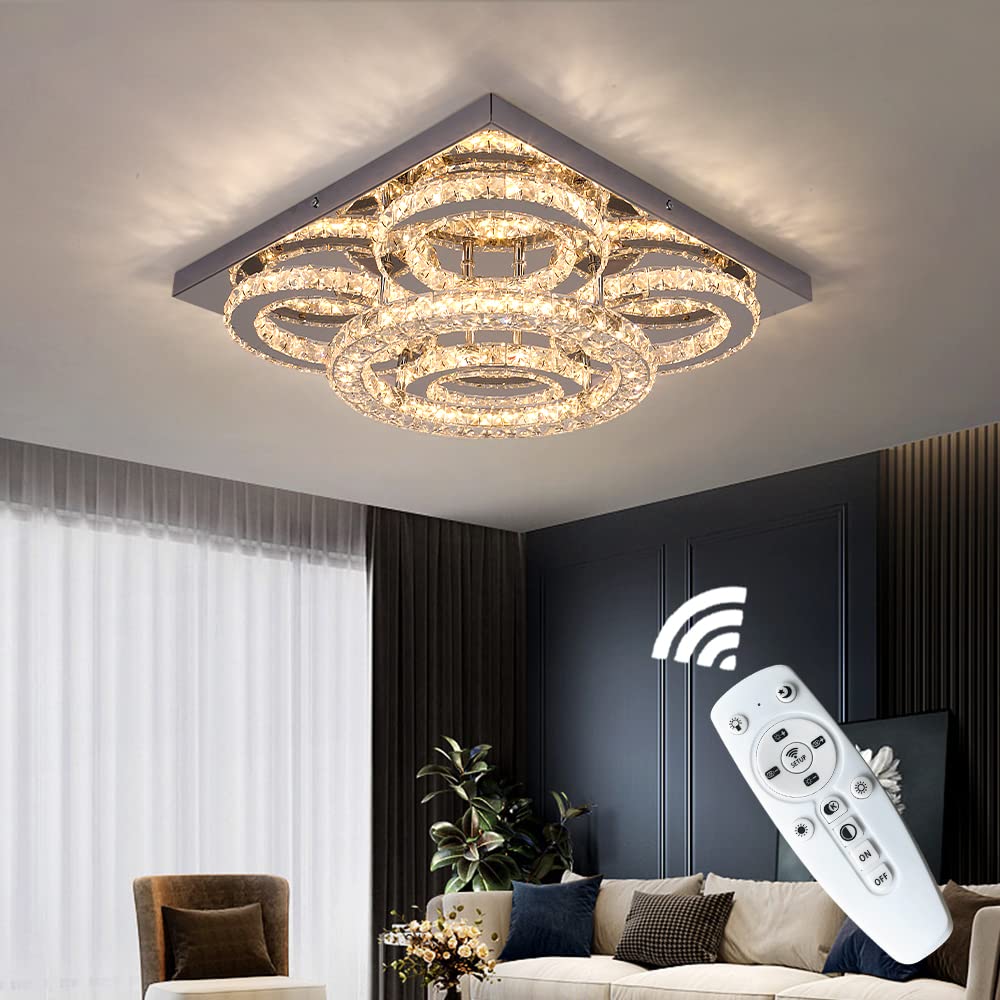 GreeLustr Modern Crystal Ceiling Light Fixture - 5 Ring Dimmable LED Chandelier with Remote Control, Flush Mount Lighting for Bedroom, Living Room & Dining Room | Energy Efficient Home Decor Lighting Solution