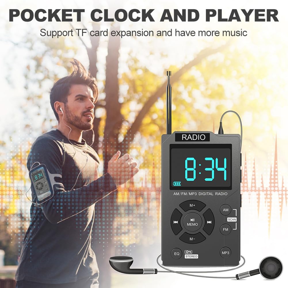Portable Mini AM/FM Digital Radio with Auto-Search, Stereo Receiver, TF Card MP3 Player | Pocket-Sized for Travel, Camping & Emergency Use (Grey) - Easy to Use in USA
