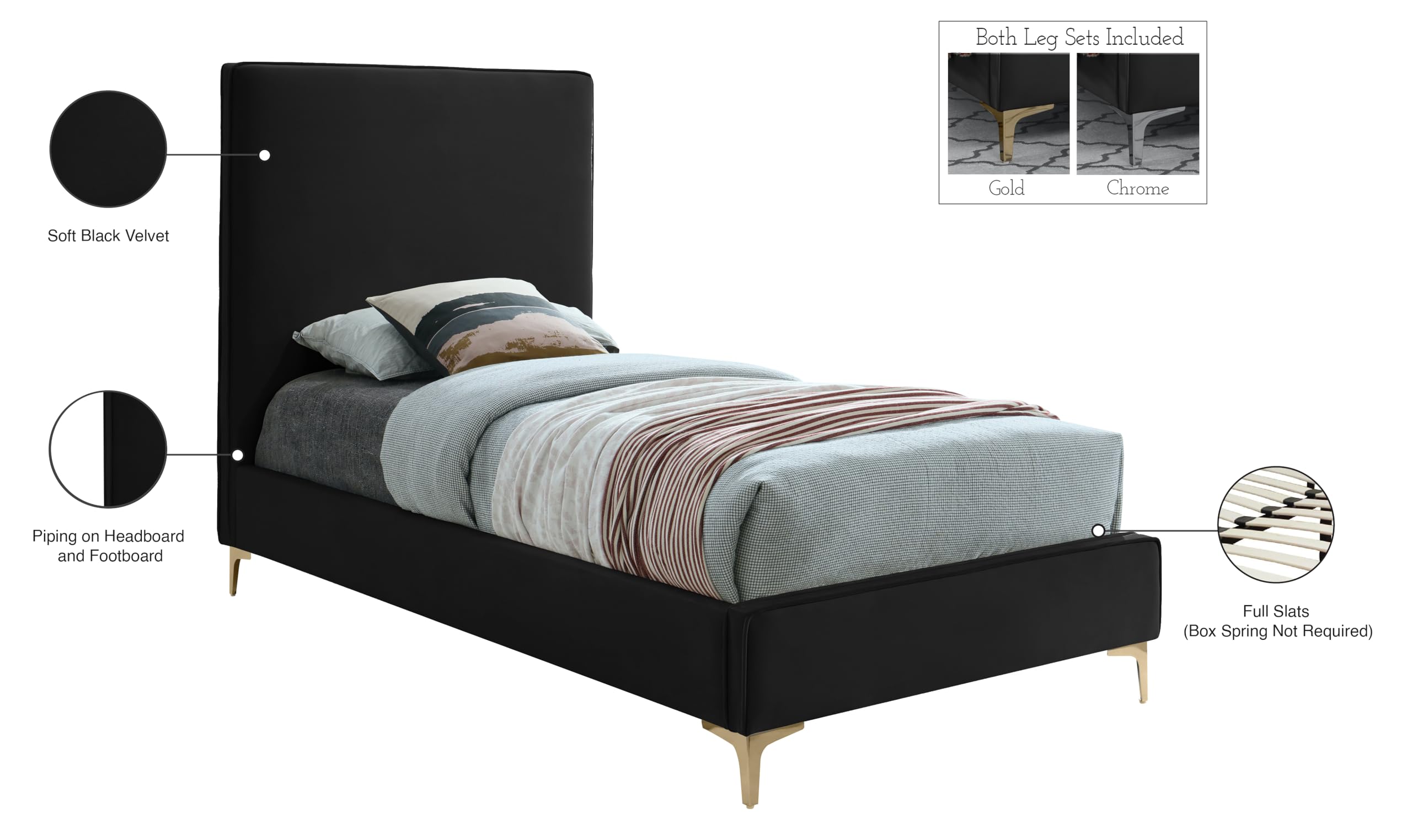 Modern Velvet Upholstered Bed with Gold/Chrome Headboard - Twin Size Black Bed Frame for Contemporary Bedrooms | Meridian Furniture Geri Collection
