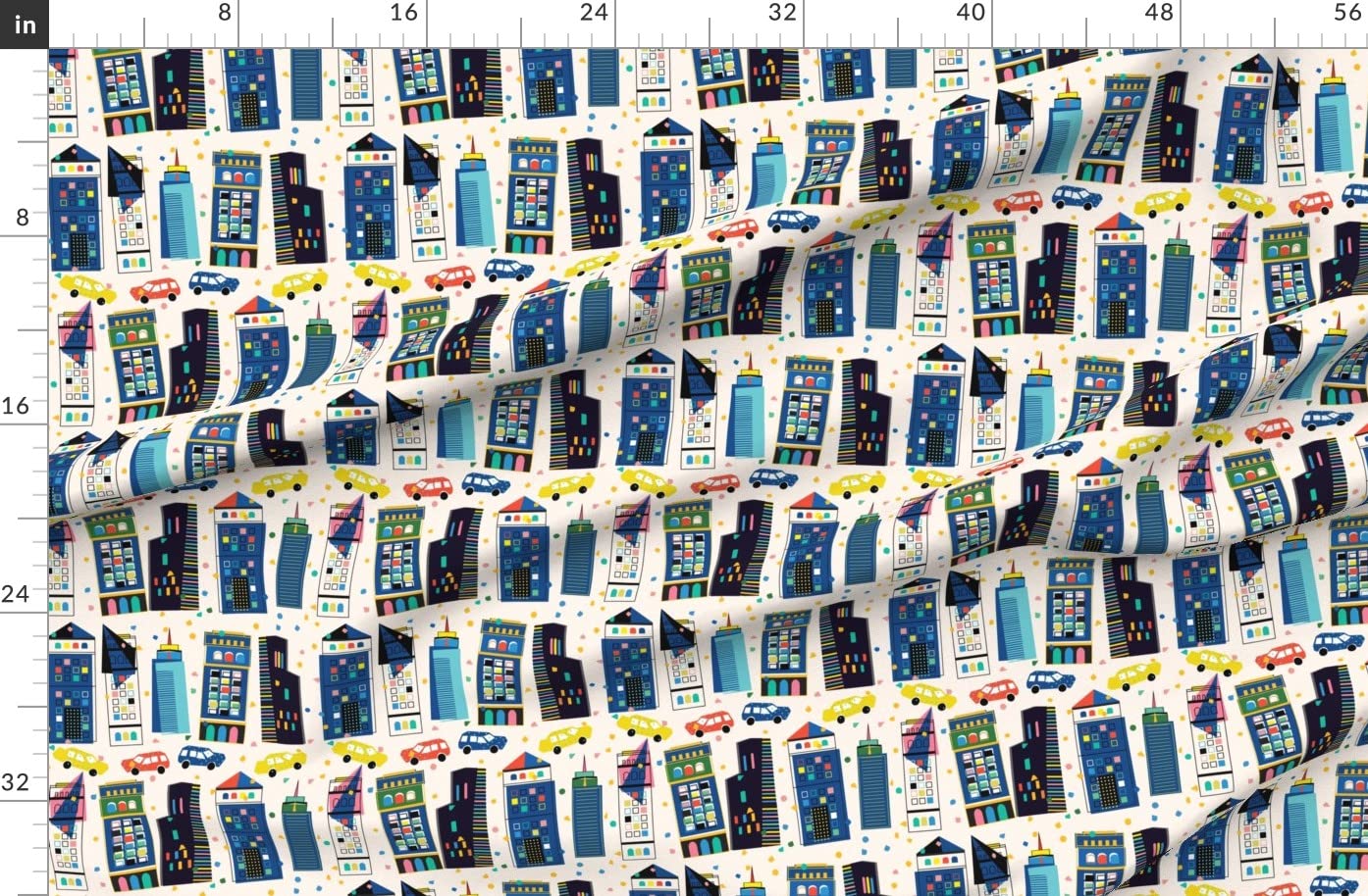 City Traffic Buildings Bright Lights Printed Denim Fabric by The Yard - Spoonflower Bottomweight Cotton for Apparel, Home Decor & Upholstery - Perfect for DIY Dresses, Curtains and Throw Pillows