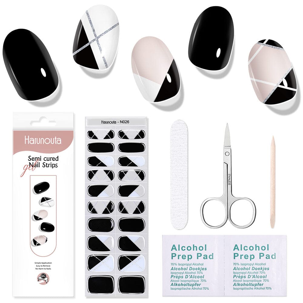 20 Pack Black & White Semi-Cured Gel Nail Strips - DIY Nail Art Kit for Salon-Quality Manicures at Home | Perfect for Parties, Weddings & Special Occasions