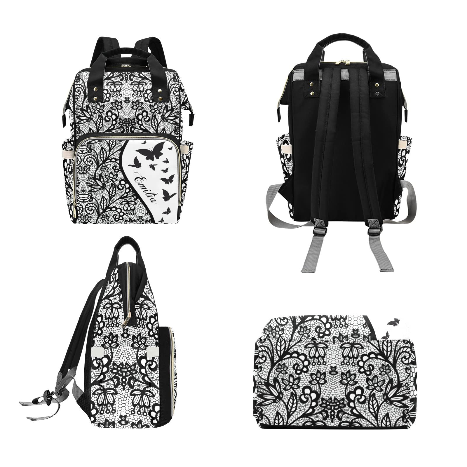 Personalized Diaper Bag Backpack Tote - Butterfly Lace Black - Custom Baby Shower Gift for New Moms - Perfect for Travel, Daycare & On-the-Go Parenting