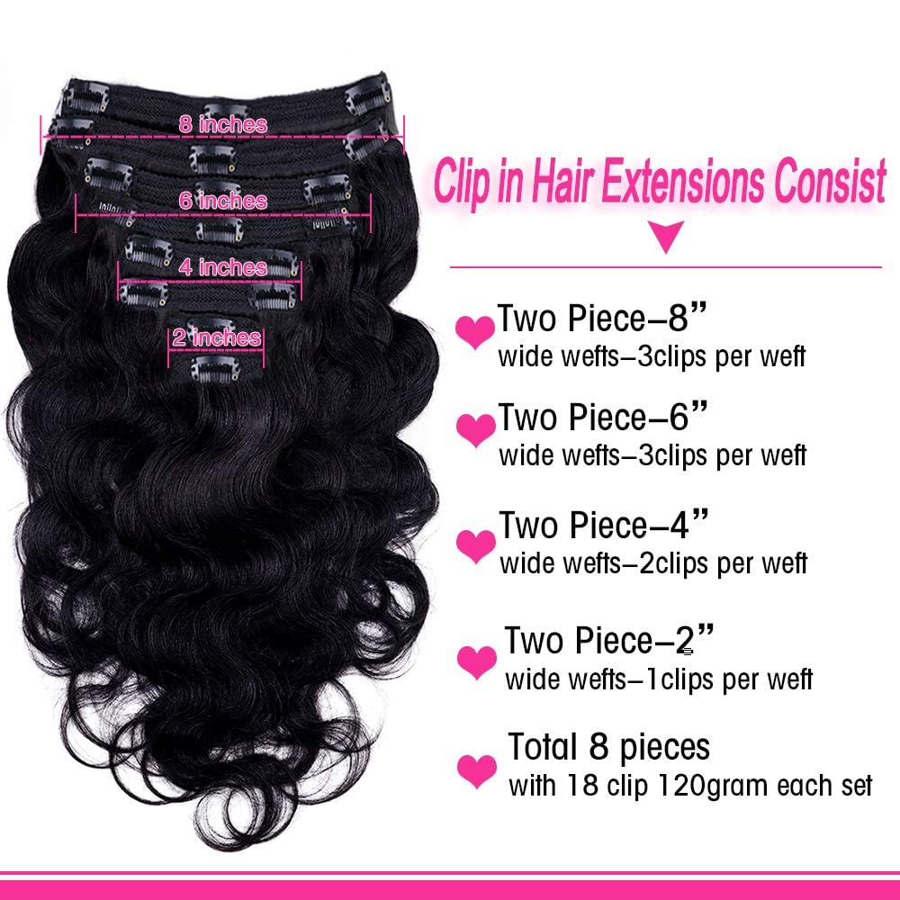 Body Wave Clip-In Hair Extensions for Black Women – 8-Piece Brazilian Virgin Human Hair Set (18 Inches, 120g) with 18 Clips – Natural Black Color for Full Head Styling – Perfect for Parties, Weddings & Everyday Volume Boost