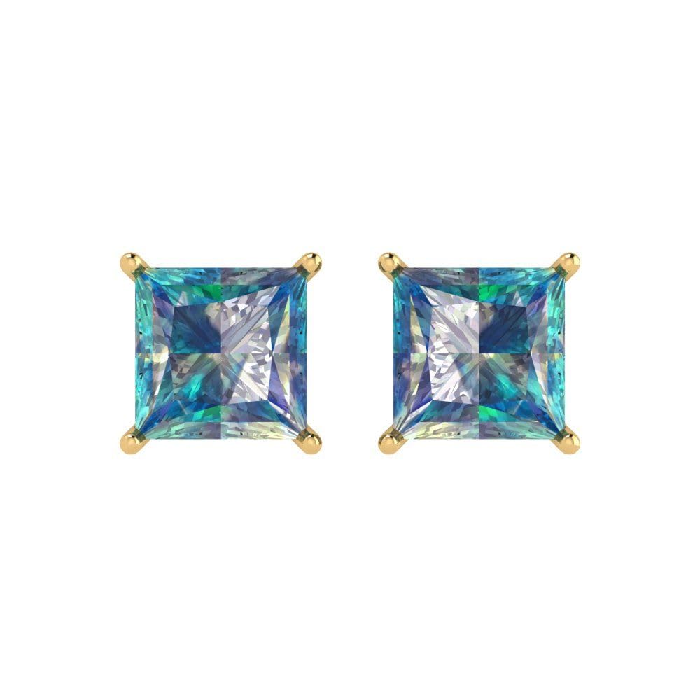4.0 Carat Princess Cut Genuine Blue Moissanite Stud Earrings in 14K Solid Yellow Gold - Perfect for Weddings, Anniversaries & Special Occasions