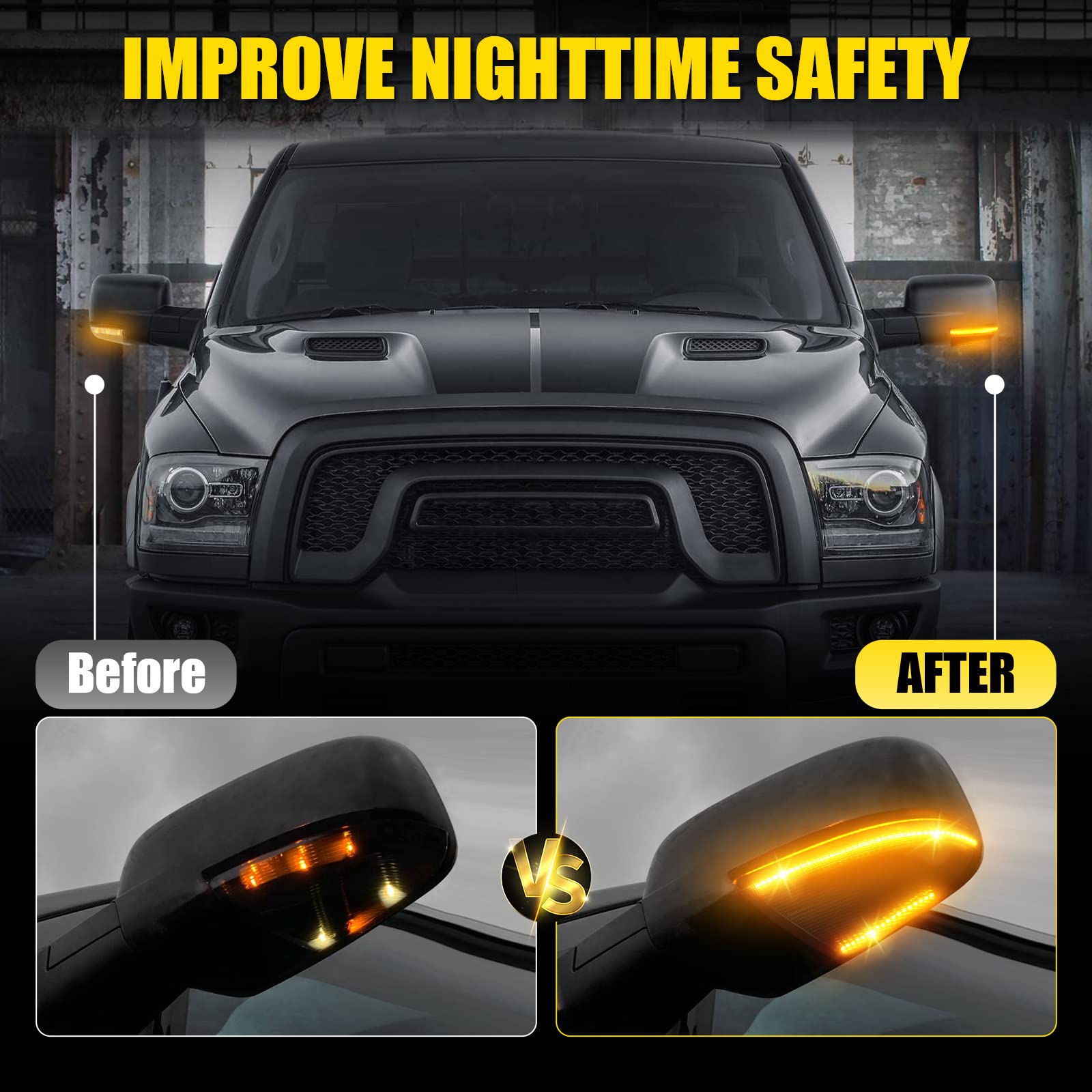 LED Side Mirror Marker Lights for Dodge Ram 1500/2500 (2010-2021) - Sequential Amber Turn Signal & Running Lights - Upgrade for Classic & New Models - Enhanced Visibility & Safety for Night Driving & Off-Road Adventures