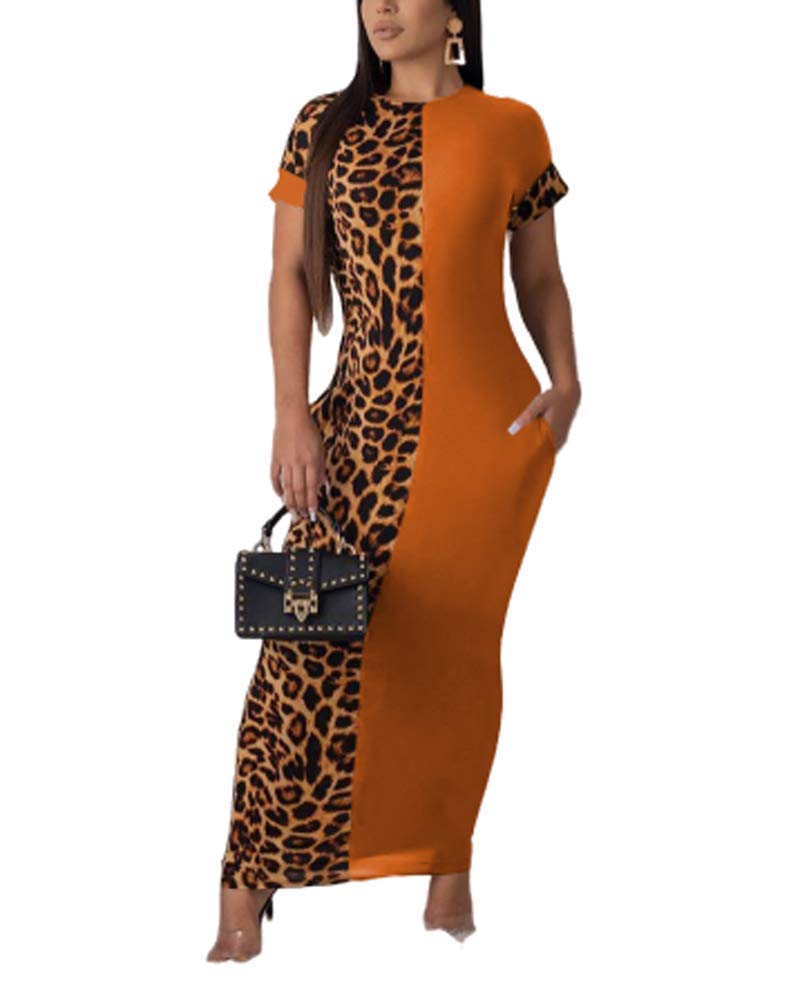 Women's Leopard Print Long Bodycon Dress - Short Sleeve Midi Club Dress with Pockets | Sexy Party, Night Out, Date Night & Casual Wear