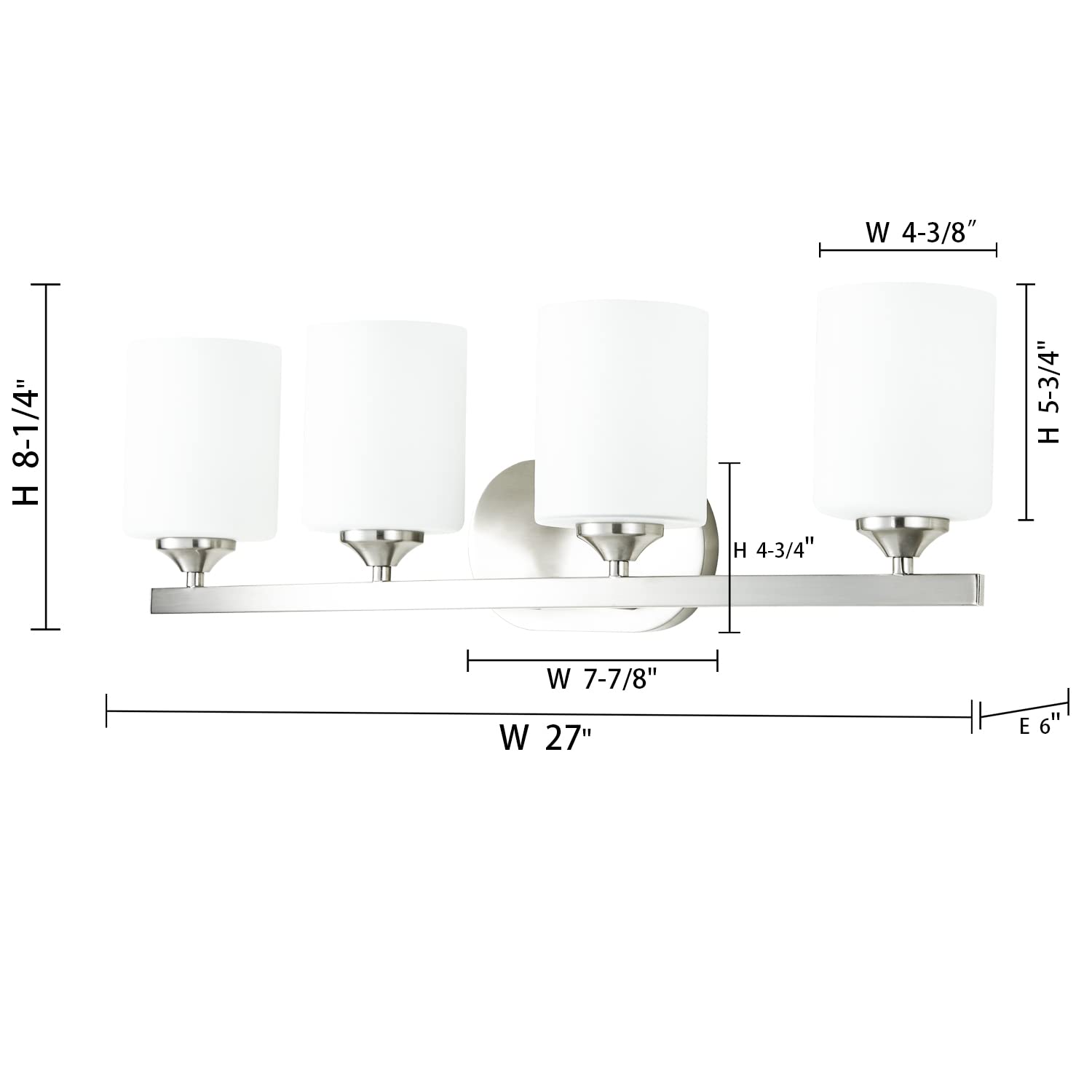 4-Light Brushed Nickel Vanity Fixture with White Glass Shades - UL Listed Bathroom Lighting for Mirror & Makeup Area
