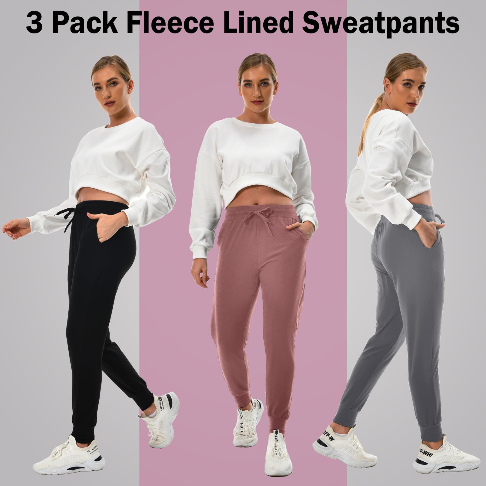 **Women's 3-Pack Fleece-Lined Sweatpants with Pockets - Soft Joggers & Yoga Pants for Workout, Lounge & Winter Comfort**
