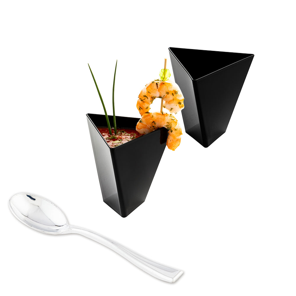 100 Pack 4 oz Black Plastic Dessert Cups with 100 Silver Mini Spoons - Perfect for Parties, Ice Cream, Pudding & Dessert Serving
