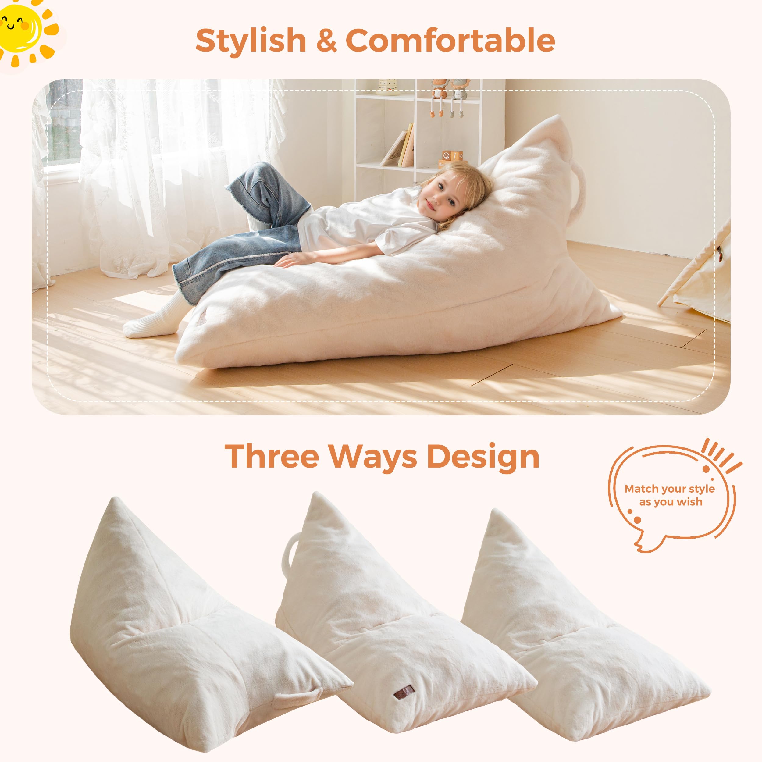 MAXYOYO Kids Bean Bag Chair with Handle - High Density Foam Floor Lounger for Boys & Girls - Soft White Kids Seating for Bedroom, Playroom & Reading Nook