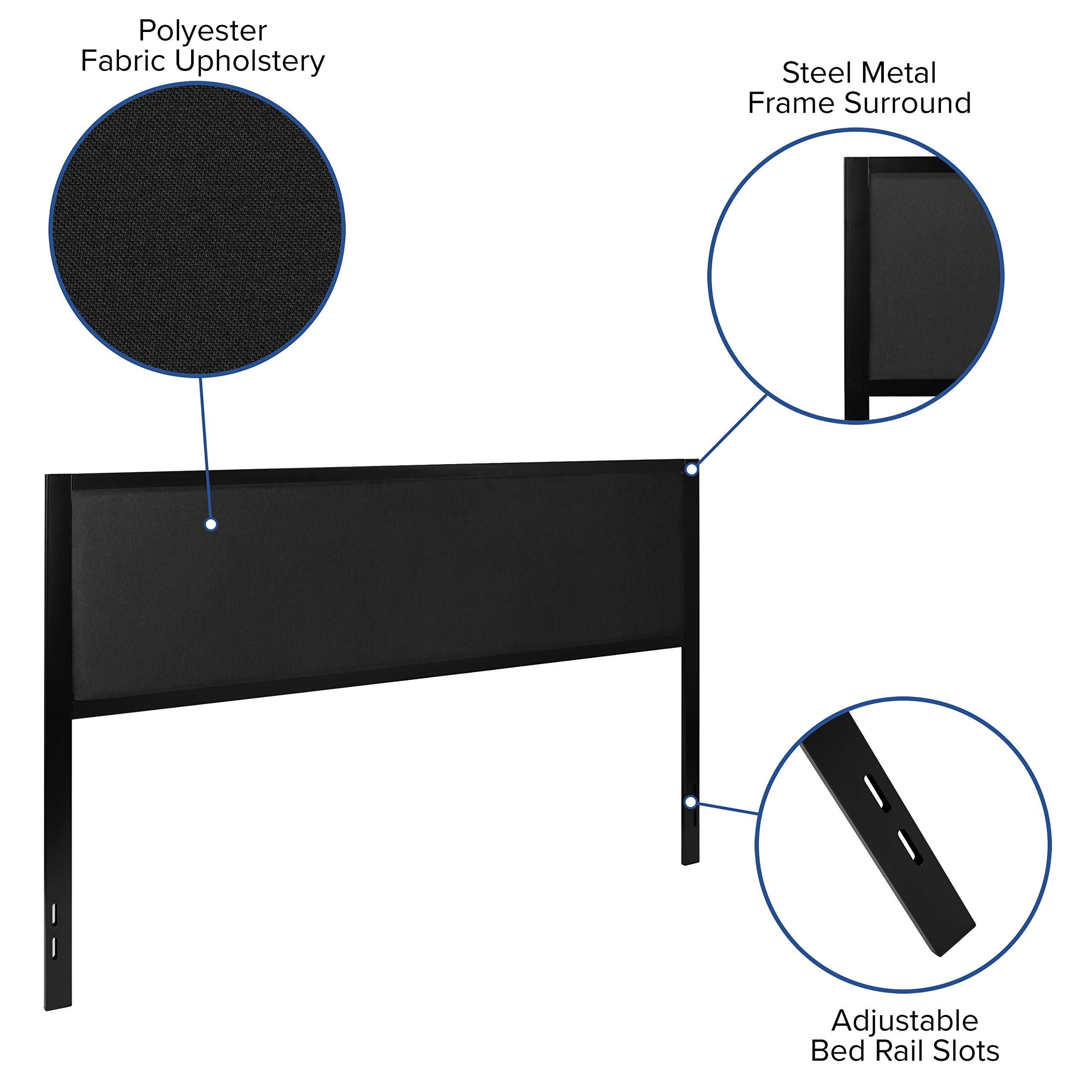 EMMA + OLIVER King Size Black Fabric Upholstered Panel Headboard with Metal Frame and Legs - Fits Standard Bed Frames - Perfect for Master Bedroom, Guest Room, and Modern Home Decor