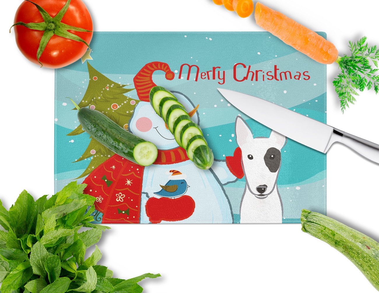 Snowman with Bull Terrier Tempered Glass Cutting Board - Large Decorative Kitchen Chopping & Serving Board for Holiday Entertaining - Durable Christmas Themed Glass Cutting Surface for Cheese, Charcuterie & Party Platters