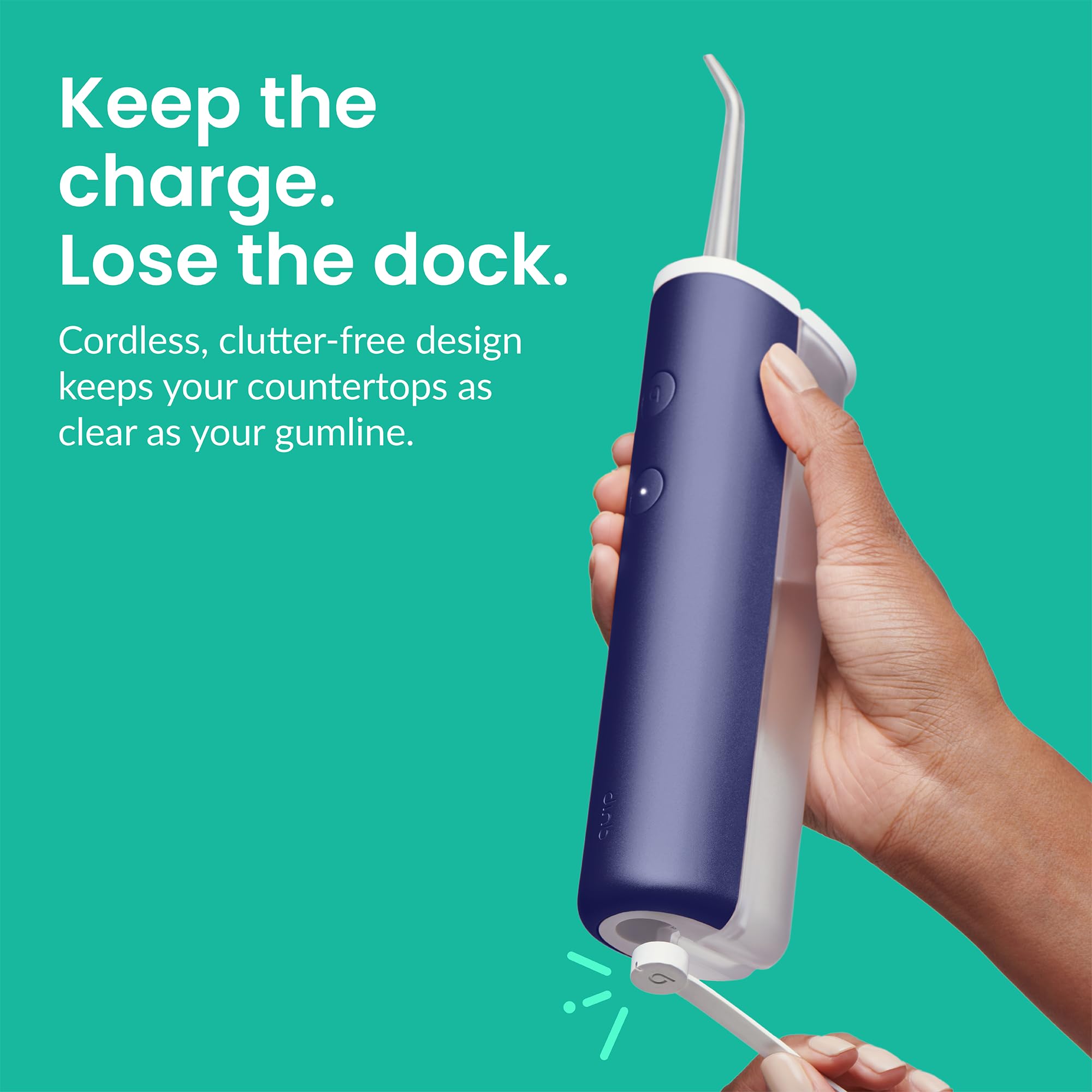 Quip Cordless Water Flosser with Replacement Tips - Adjustable Pressure Teeth Cleaner, 360° Rotating Nozzle - Rechargeable Dental Water Flosser in Midnight Blue for Home & Travel Oral Care