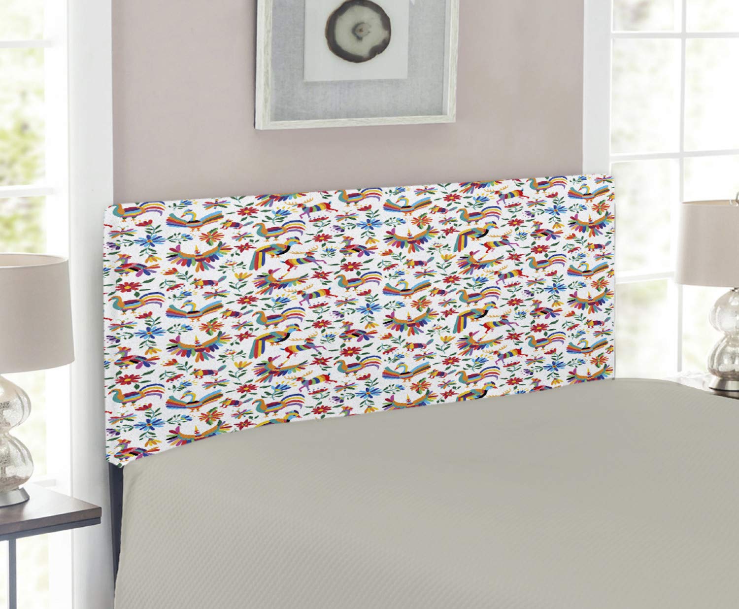 Ambesonne Mexican Headboard - Traditional Latin American Art Design with Floral & Bird Motifs, Upholstered Decorative Metal Bed Frame with Memory Foam, Twin Size, Multicolor - Perfect for Boho Chic Bedrooms & Cultural Home Decor