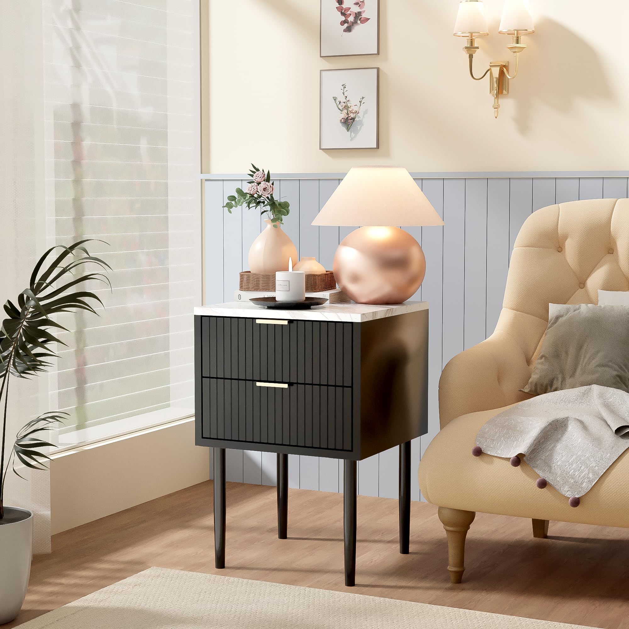 Anbuy Black Marble Nightstands Set of 2 with Gold Handles - Modern Striped Bedside Tables with 2 Drawers, Faux Marble Top & Metal Legs - Perfect for Bedroom, Living Room, Guest Room & Dorm Decor