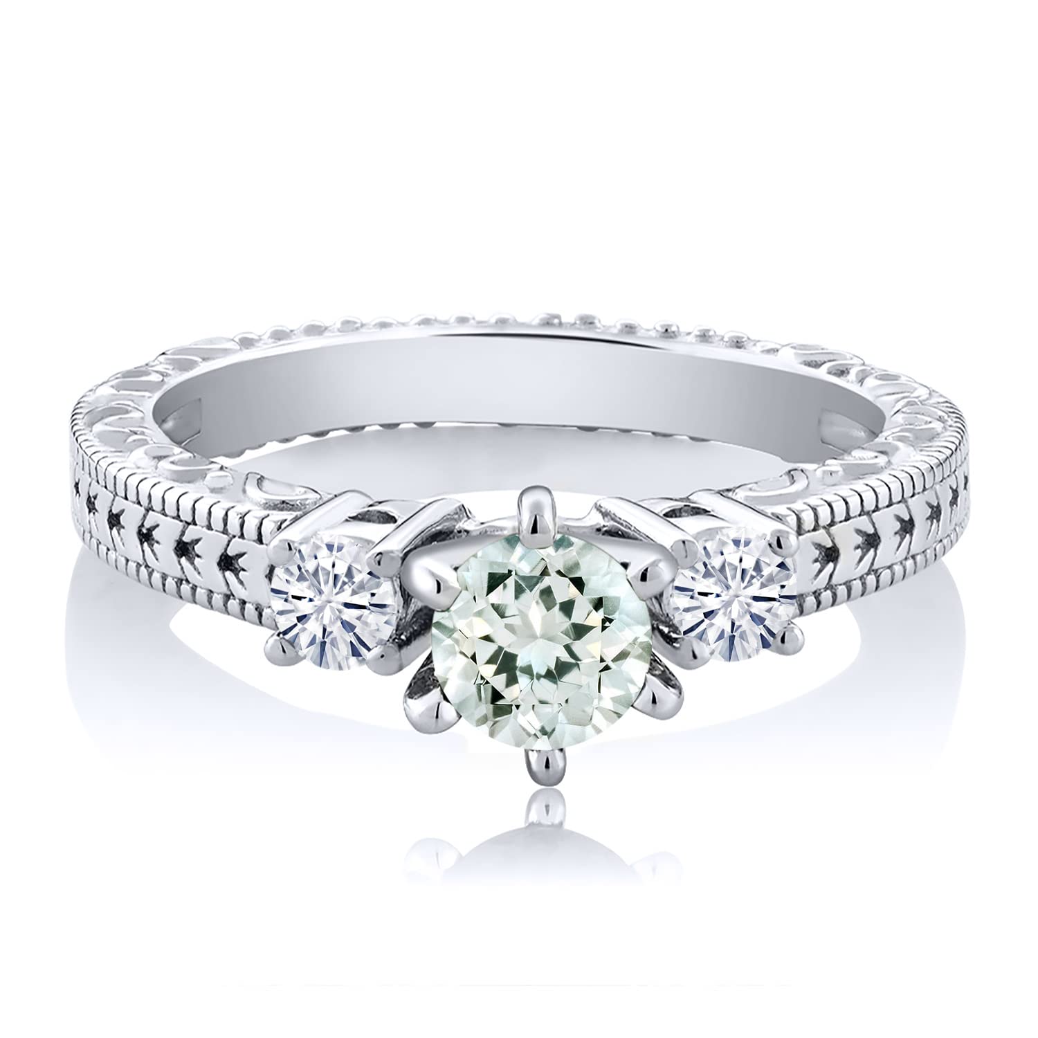 Gem Stone King 925 Sterling Silver 3-Stone Ring with Round Sky Blue Aquamarine & Moissanite (0.70 Cttw) - Elegant Jewelry for Engagement, Wedding & Anniversary Gifts