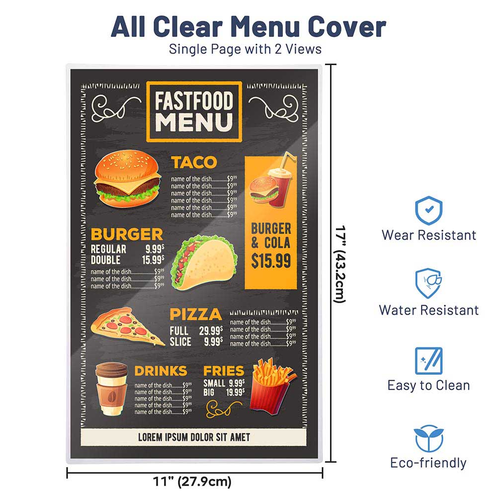 Premium 11x17 Menu Covers - Single Page Double View (30 Pack) - Durable Restaurant Menu Holders for Daily Use in Cafes, Diners & Catering Businesses