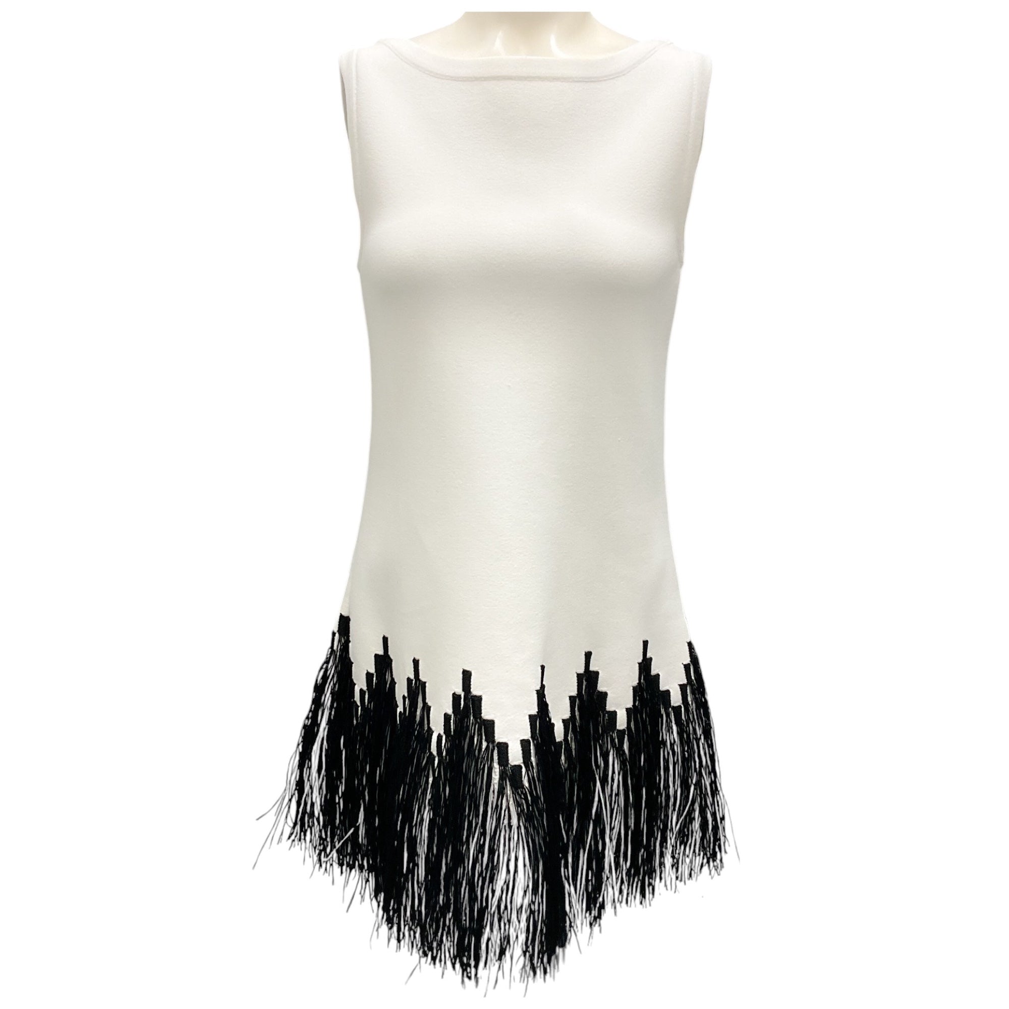 Alaia White & Black Fringed Raffia Hem Sleeveless Stretch Knit Mini Dress - Perfect for Summer Parties, Beach Vacations & Night Out