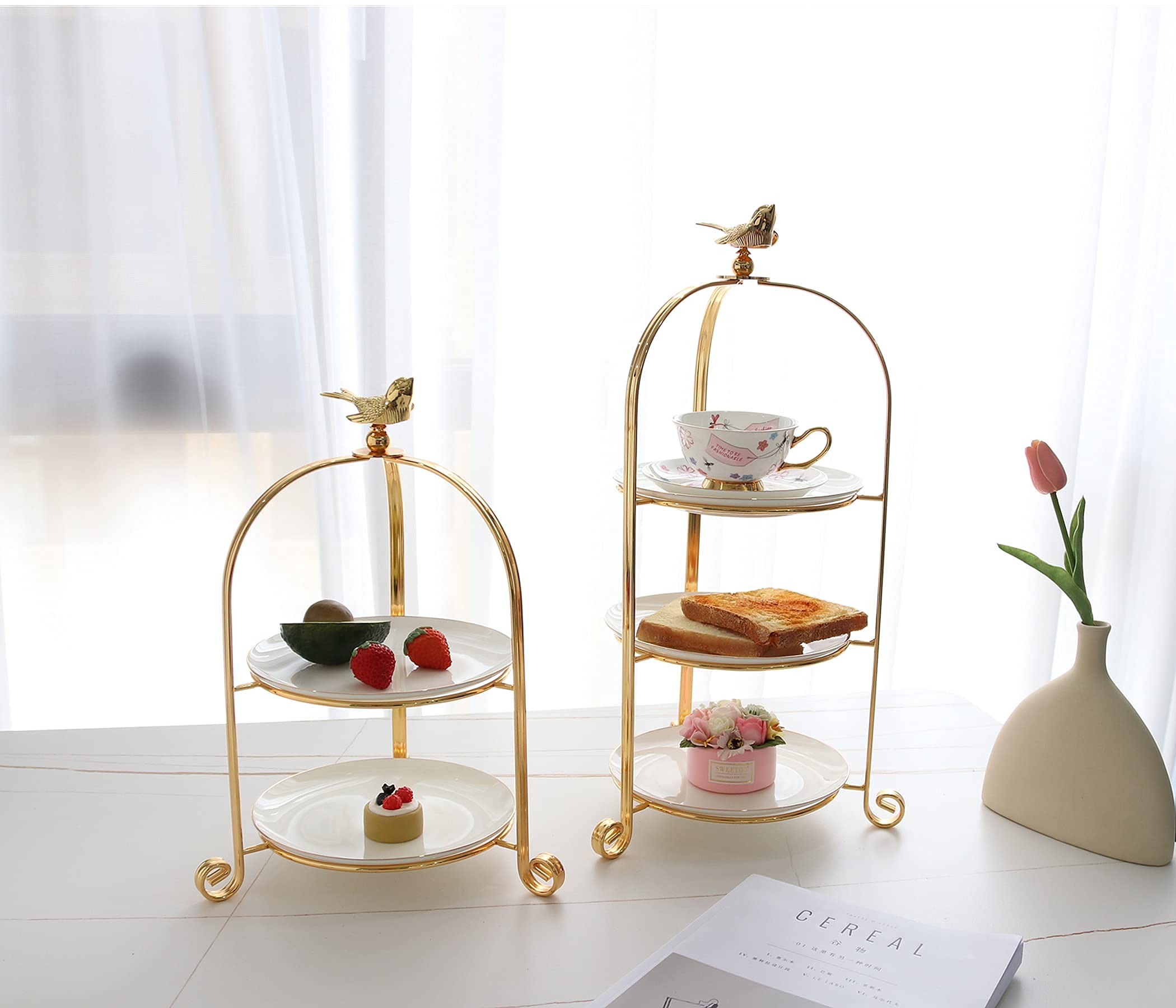 2 Tiered Cake Stand - Elegant Metal Dessert Display Stand for Tea Party, Wedding, or Afternoon Tea - Includes 2 White Bone China Plates with Gold Edges (Gold, 2 Tier) - Perfect for Birthday Parties, Bridal Showers & Special Events
