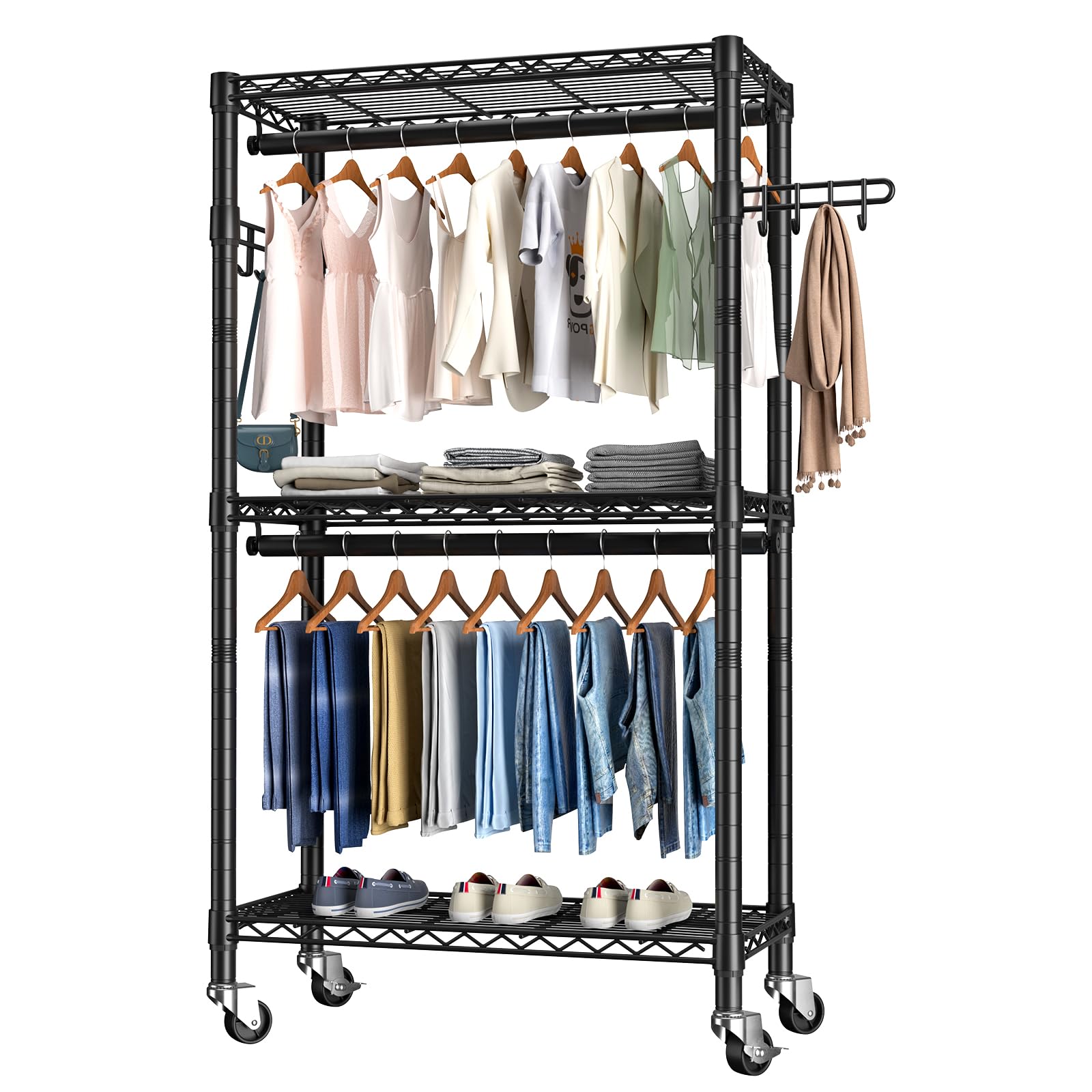 Heavy Duty Rolling Garment Rack with 3-Tier Adjustable Wire Shelves - Double Rods & Side Hooks for Hanging Clothes | Freestanding Wardrobe Storage | Portable Metal Closet Organizer for Bedroom, Laundry Room, or Retail Store