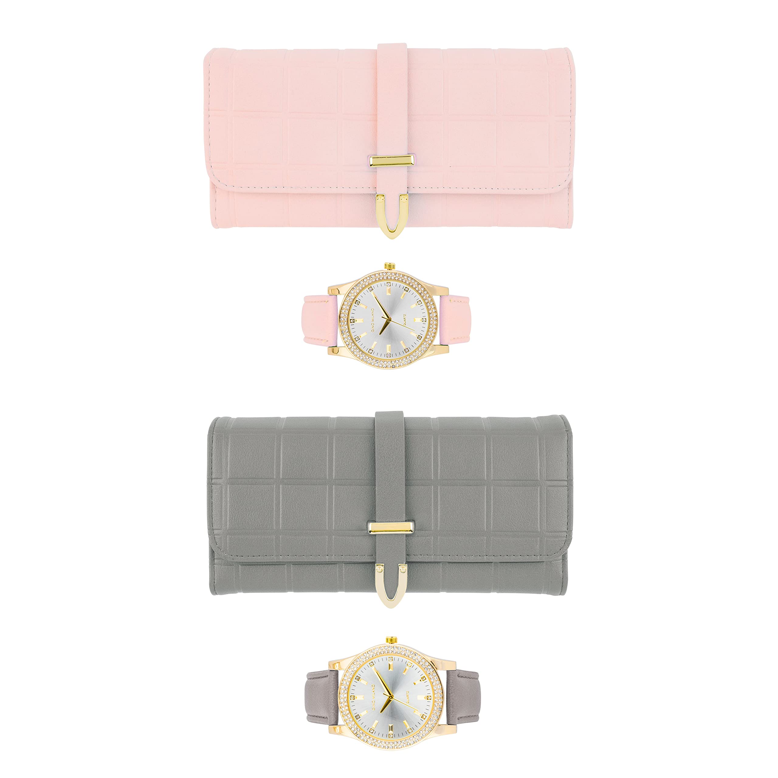 Elegant Women's Leather Band Watch & Tri-Fold Leather Wallet Set - Gold Ladies Watch with Matching Clutch Purse | Perfect for Office, Parties & Everyday Fashion Accessories