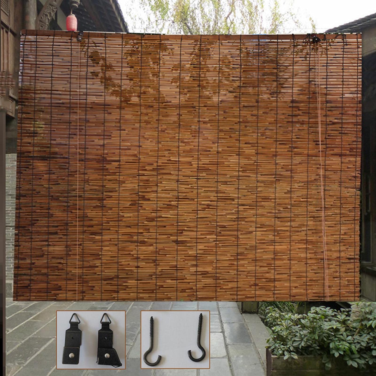 Bamboo Roller Blinds - Reed Roll Up Shades for Pergola & Outdoor Sun Protection - 59x87in (150x220cm) Waterproof & Heat Insulating Roman Straw Curtain - No Drilling Required - Perfect for Patio, Balcony, and Garden Shade