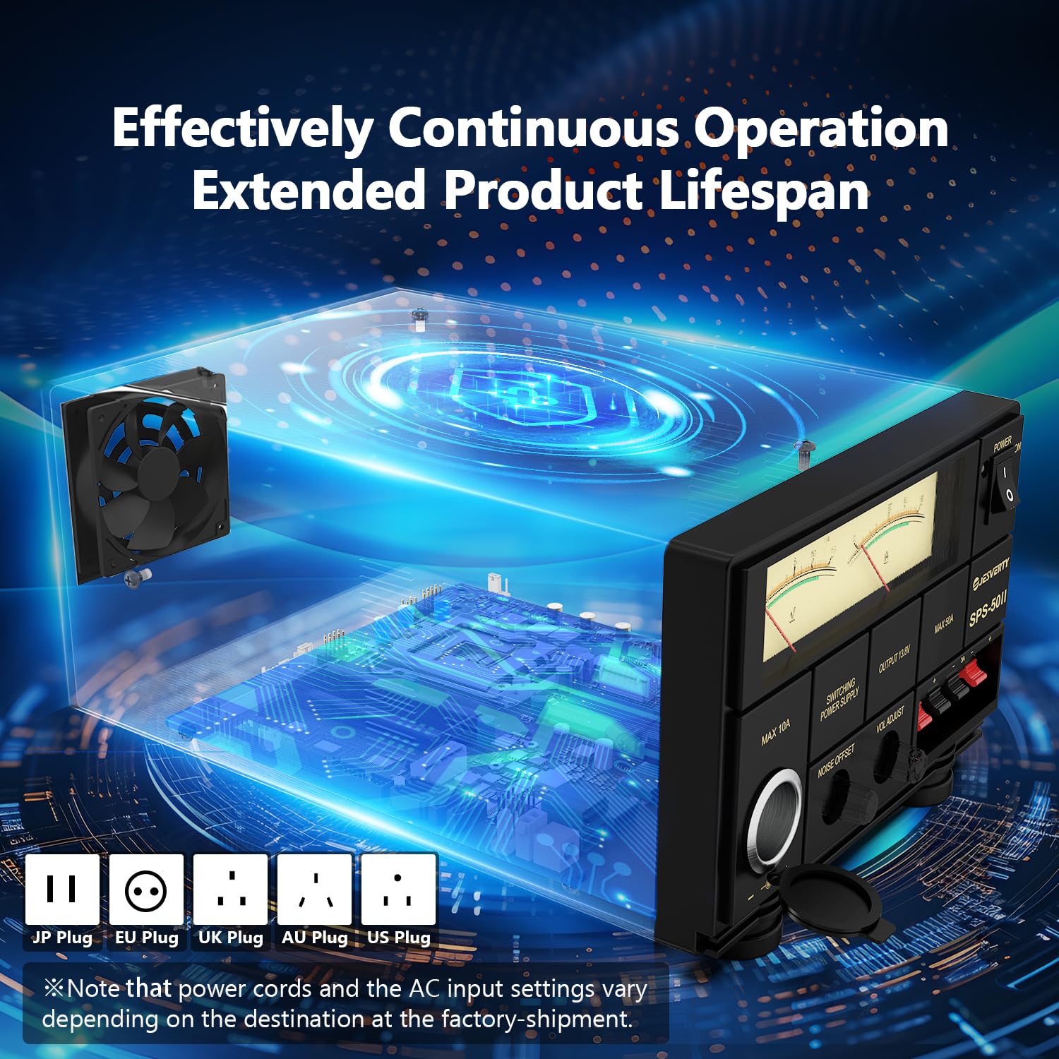 Jesverty SPS-50II 50A Universal Compact Bench Power Supply - 13.8V/9-15V AC-to-DC Converter with Cooling Fan & Screw Terminals - Regulated Lab Benchtop Power for Electronics Testing, DIY Projects & Home Workshops
